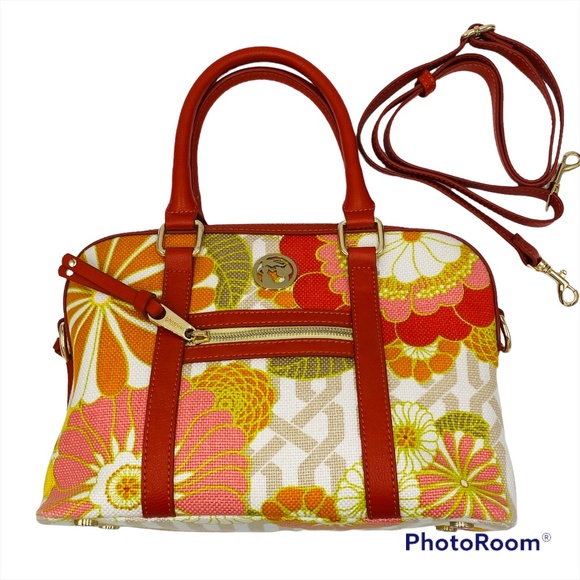 Spartina 449 Handbags - Spartina 449 Tibi Soli Linen Leather Orange Floral Handbag Satchel Bottom Studs
